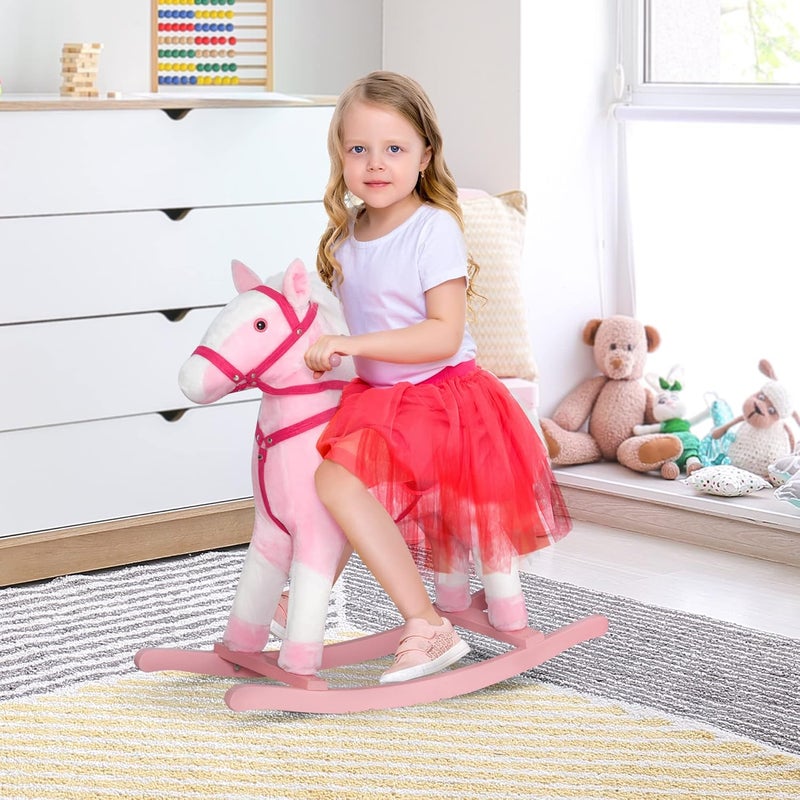 Qaba Kids Rocking Horse Plush Ride On Toy Toddler Rocker for Boys Girls Gifts with Realistic Sounds, Pink - Image 2